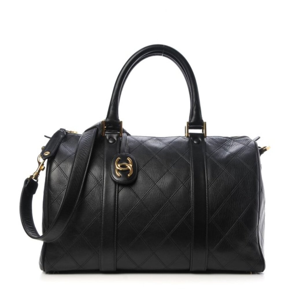 CHANEL Bicolor Coco Mark Handbag Boston Bag Leather Black